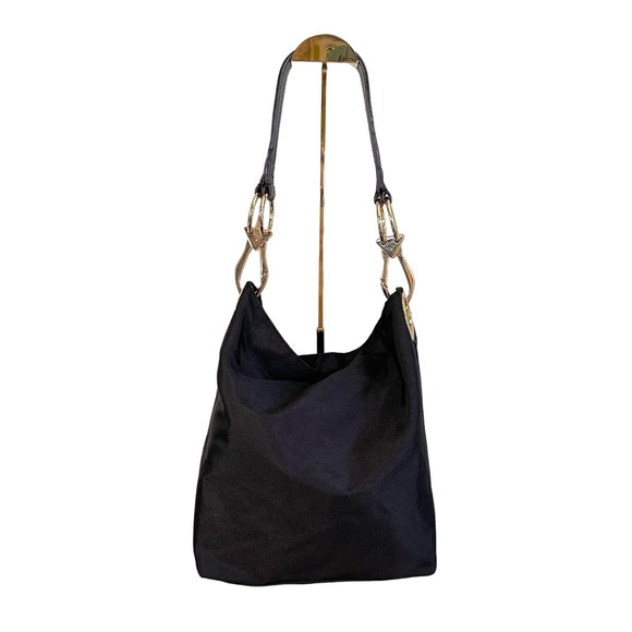 JPK Paris Handbags - JPK PARIS 75 Women's Black Leather Chunky Hardware Nylon Hobo Shoulder Bag